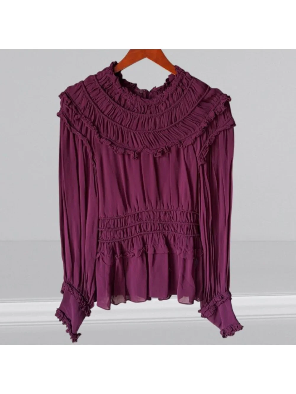 Farm Rio Romantic Ruffle Smocked Boho Long Sleeve Blouse Top Burgundy Size XS - Picture 3 of 9